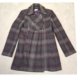LOFT Women's Plaid Pea Coat in Gray and Purple Size 2